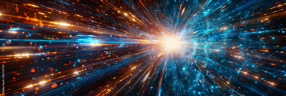 Abstract burst of blue and orange light rays radiating from a central point, creating a dynamic and energetic visual effect with a futuristic and high-tech feel.
