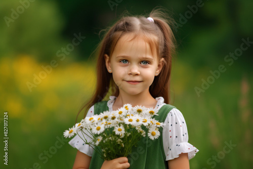 A little girl with pigtails and freckles, holding a bouquet of daisies against a fresh green background. photo