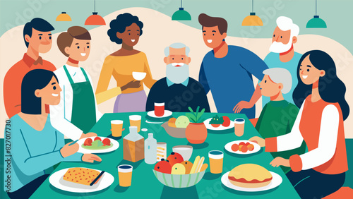 An inclusive event as people of all ages backgrounds and dietary restrictions come together to enjoy the potluck community dinner.. Vector illustration