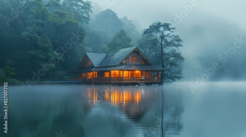 serene lakeside cabin with soft liquid hues reflecting off the water