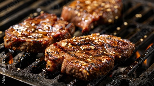 Grilled meat options beef or pork steaks on a sizzling grill photo