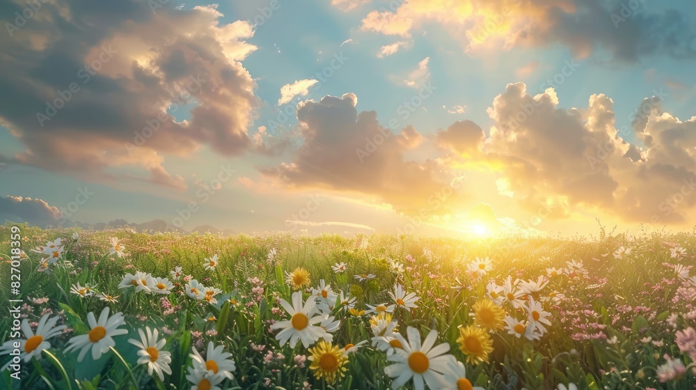 Wildflower filled Meadow Field at Sunset with Cloudy Sky Background depicting Natural Weather Outlook