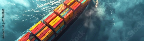 Aerial view of a large cargo ship carrying colorful containers navigating through blue ocean waters on a sunny day, showcasing maritime transport. photo