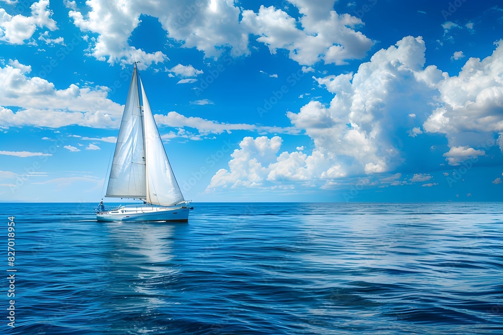 Obraz premium Sailing yacht in the open sea, blue sky with white clouds ai generative