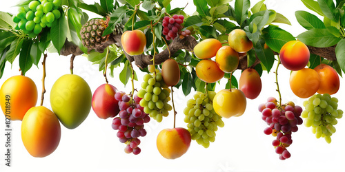 Fresh fruits grow on trees, including pineapples, mangoes, apples, kiwifruit, and grapes
