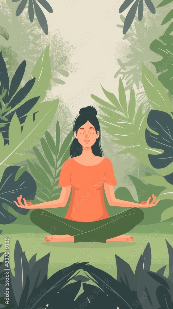 Illustration of a woman practicing meditation in a lush, green environment, promoting relaxation, mindfulness, and inner peace. Illustration of a woman practicing meditation in a lush, green environment, promoting relaxation, mindfulness, and inner peace.