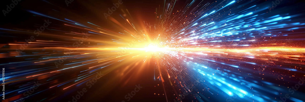 Abstract burst of blue and orange light rays radiating from a central point, creating a dynamic and energetic visual effect with a futuristic and high-tech feel.
Abstract burst of blue and orange light rays radiating from a central point, creating a dynamic and energetic visual effect with a futuristic and high-tech feel.