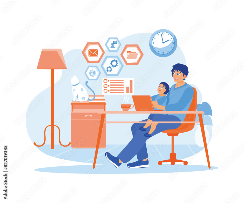 A man works in his home office accompanied by his son. Using his laptop to work online. Home Office concept. Flat vector illustration. A man works in his home office accompanied by his son. Using his laptop to work online. Home Office concept. Flat vector illustration.
