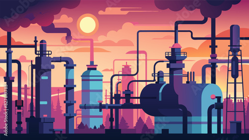 The soft glow of morning light reveals the intricate network of pipes and pumps that keep the refinery running smoothly.. Vector illustration