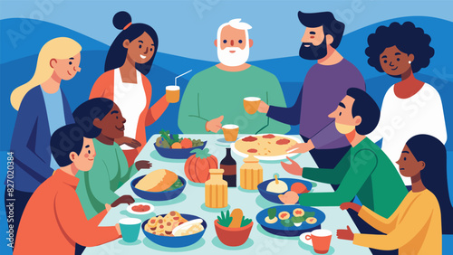 A potluck dinner where food is not just a means of sustenance but a way to connect and celebrate the diversity of the community.. Vector illustration