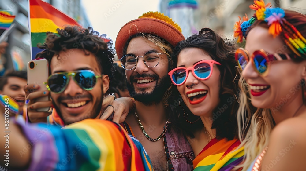 A happy group of friends and family, including children, celebrate a birthday party together in colorful costumes A happy group of friends and family, including children, celebrate a birthday party together in colorful costumes