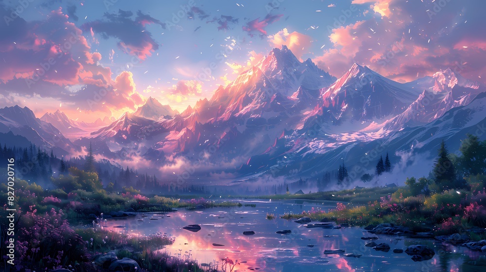 serene mountain landscape at dawn, where the sky and peaks are in soft fluffy hues of pink and blue