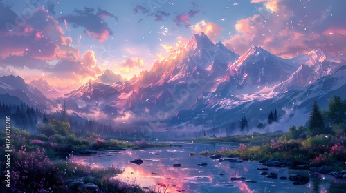 serene mountain landscape at dawn, where the sky and peaks are in soft fluffy hues of pink and blue