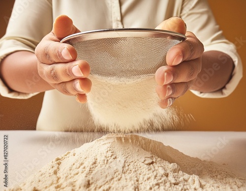 person kneading dough Close-up of hands sifting flour through a metal sieve