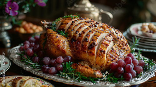 A large a stuffed turkey on a platter garnished