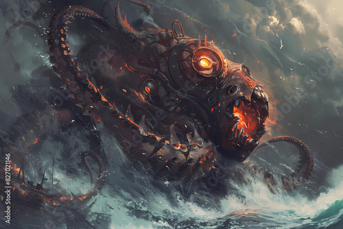 A mechanical behemoth emerging from the depths of the ocean, stirring up chaos.