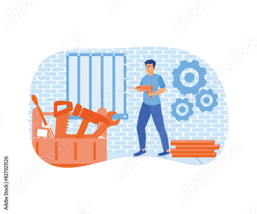 Home renovation. The carpenter installs bolts in the windows of the customers house. Home maintenance concept. Flat vector illustration.