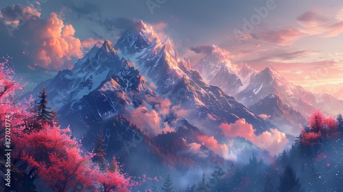serene mountain landscape at dawn, where the sky and peaks are in soft fluffy hues of pink and blue