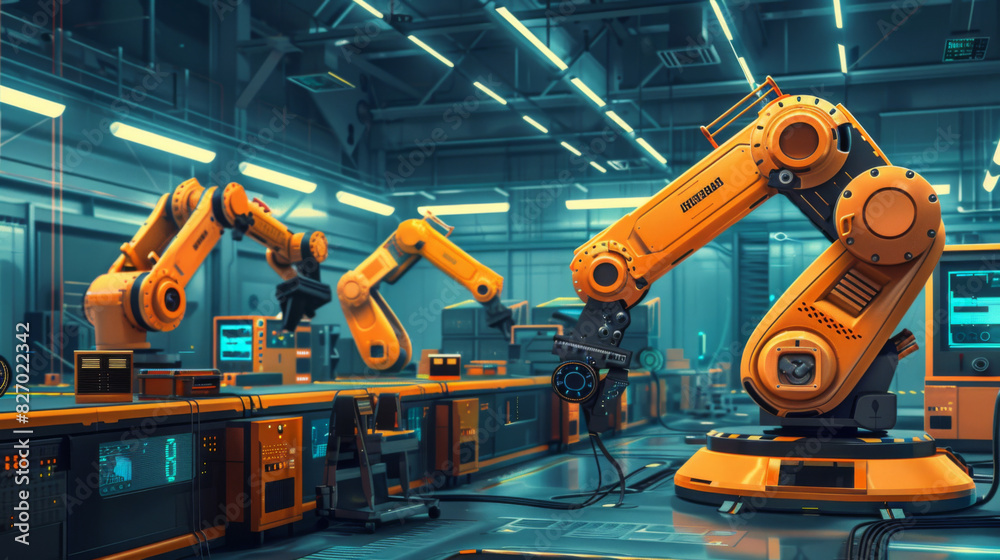 High-tech robotic arms operating with precision in an advanced modern manufacturing factory.