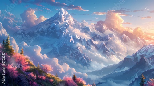 serene mountain landscape at dawn, where the sky and peaks are in soft fluffy hues of pink and blue