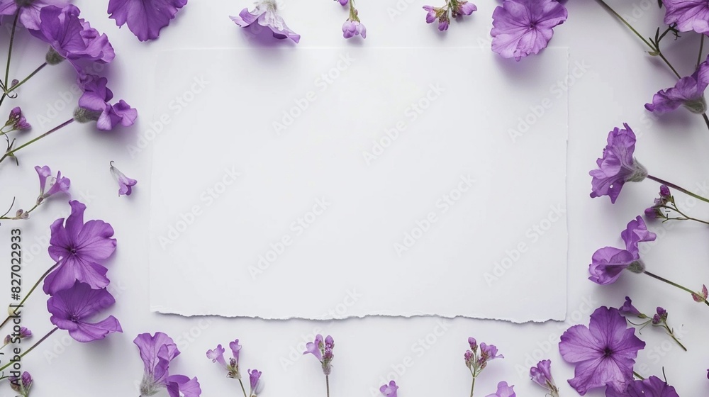 White background, purple flowers on either side by white paper