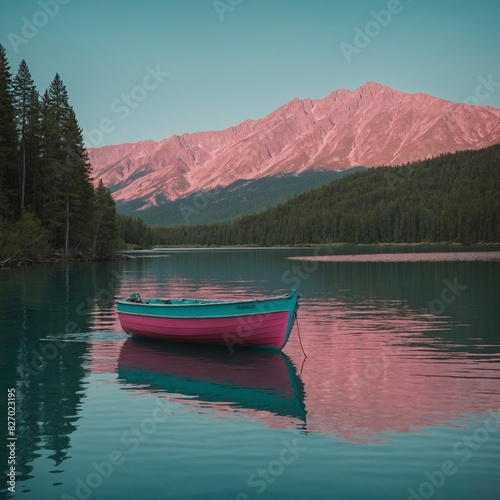 A pink and turquoise boat on a calm lake. 
