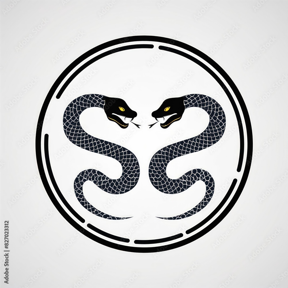 Fototapeta premium symbol snake. tow snake design. chinese style snake. chinese icon circle Snake 2 head. white color and black background. snake tatto, snake art, logo snake. icon snake. yin yang snake. shio snake