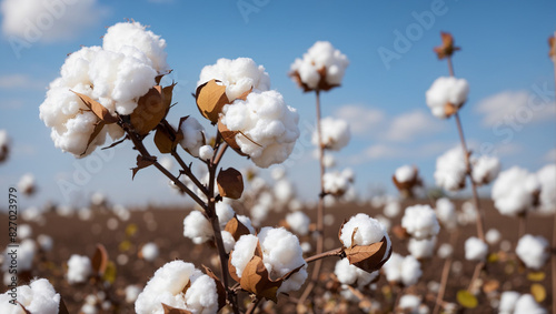 cotton is white and fluffy  and the plants are tall and green photo
