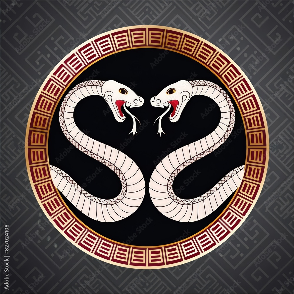 Fototapeta premium symbol snake. tow snake design. chinese style snake. chinese icon circle Snake 2 head. white color and black background. snake tatto, snake art, logo snake. icon snake. yin yang snake. shio snake