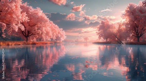 serene riverside with trees and water in soft liquid hues © ZEROTWO9696