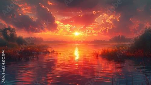serene sunset overcalm river in soft liquid hues