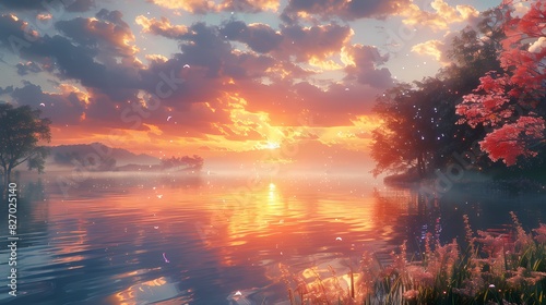 serene sunset overcalm river in soft liquid hues