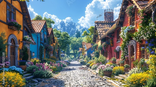 A charming European village with cobblestone streets, colorful houses, and flower boxes. photo