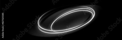 White shiny sparks spiral wave. A curved bright line of speed is spinning. Shiny wavy path. Rotating dynamic neon circle. Magical golden swirl with highlights.