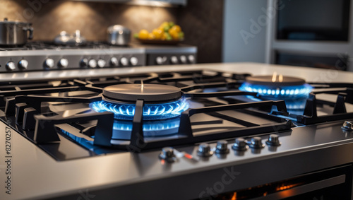 kitchen stove top with three burners with flames photo