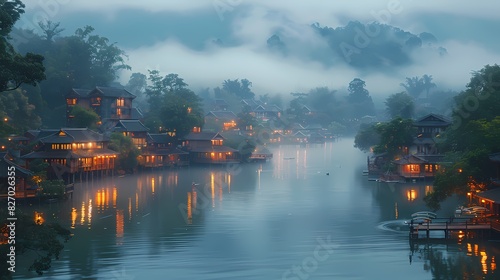 serene village at dusk with houses glowing in soft liquid hues