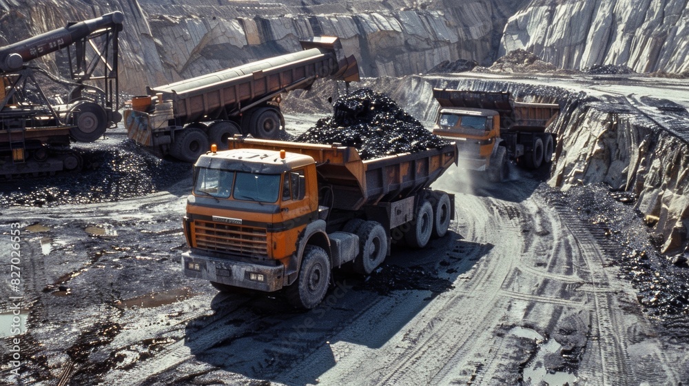 The tarlike bitumen being emptied from a truck and loaded into a processing plant. The tarlike bitumen being emptied from a truck and loaded into a processing plant.