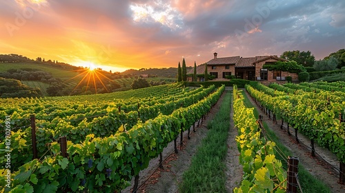 A picturesque vineyard at sunset with rows of grapevines and a rustic winery in the background.