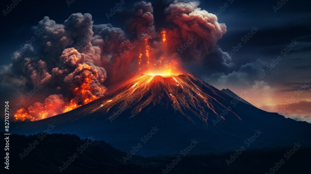 Fototapeta premium A volcano in the nigh, AI Generative