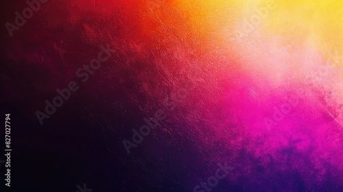 Glowing purple red yellow orange black abstract color gradient banner poster cover design dark grainy texture, copy space