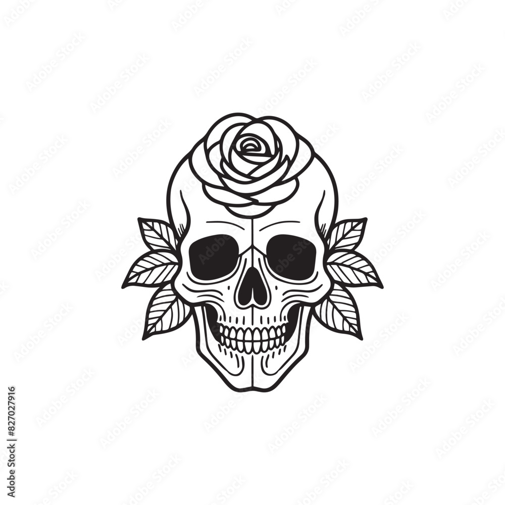 Fototapeta premium skull head and rose outlined tattoo doodle