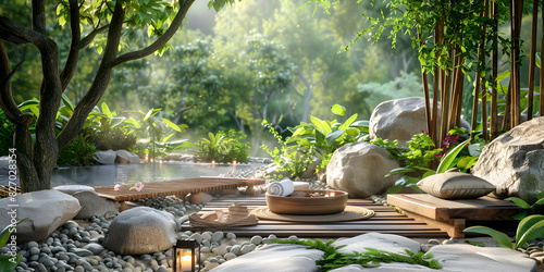 zen garden with stones  Nature Retreat in Japan Serene Outdoor Scene with Wooden House Trees and Calm Creek. 