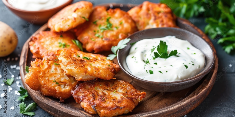 Potato pancakes with sour cream on plate Potato pancakes with sour cream on plate