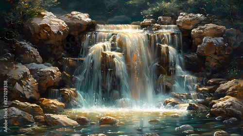 serene waterfall cascading through rocks in soft liquid hues