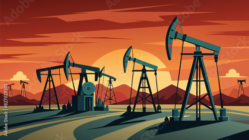 No matter the time of day the pump jacks in the field never cease their constant motion a steadfast symbol of the worlds dependence on oil.. Vector illustration