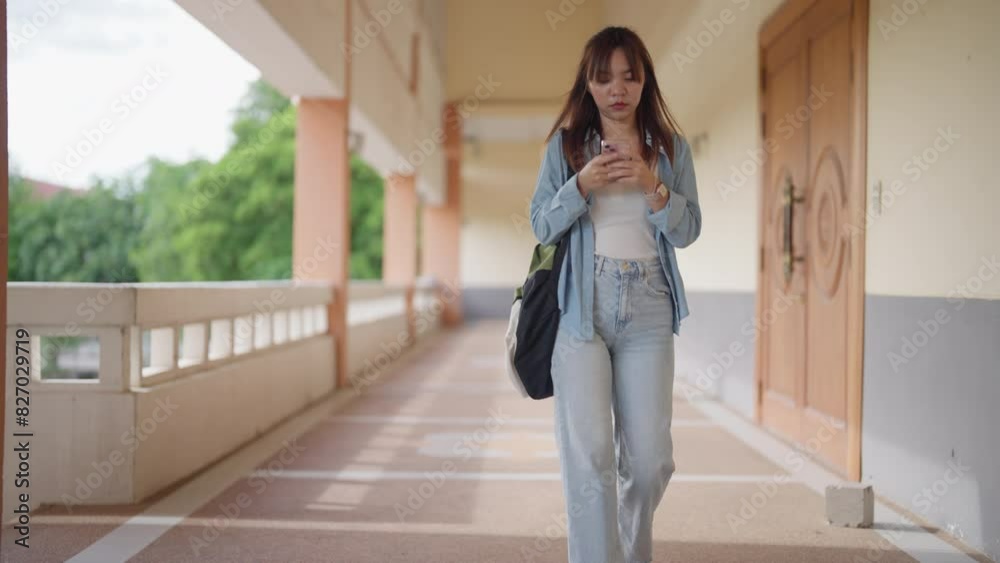 A woman is walking down a hallway with a cell phone in her hand. She is wearing a blue jacket and jeans A woman is walking down a hallway with a cell phone in her hand. She is wearing a blue jacket and jeans