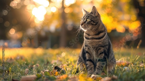 Tabby Cat Sitting in Park with Blurred Background and Empty Space on Right photo