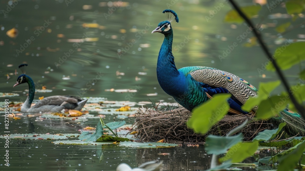 Peacock built nests above the water in a lake where swans are present Peacock built nests above the water in a lake where swans are present
