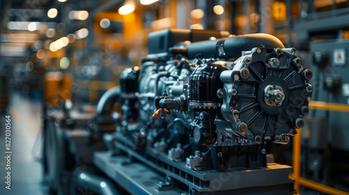 Large diesel engines being assembled in a modern industrial manufacturing plant.