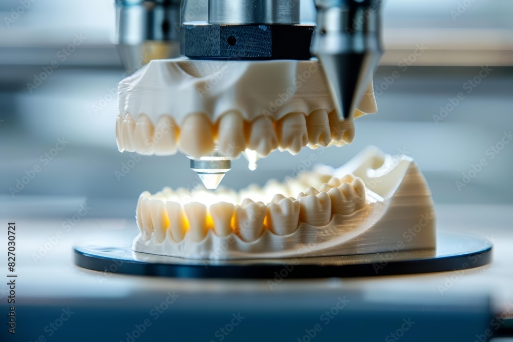 A 3D printer meticulously crafting a detailed dental prosthesis A 3D printer meticulously crafting a detailed dental prosthesis